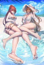 1girl 2girls arm_support ass bad_id bad_pixiv_id beach bikini black_one-piece_swimsuit blue_sky blush breasts brown_hair character_name choker cleavage closed_mouth cloud collarbone dated day feet foot_focus foreshortening front-tie_top girls&#039;_frontline green_eyes hair_between_eyes hair_ribbon hair_rings half_updo hand_on_headwear hat large_breasts long_hair long_sleeves looking_at_viewer lying multiple_girls official_alternate_costume one-piece_swimsuit one_side_up open_mouth outdoors palm_tree ponytail purple_hair red_eyes ribbon shaded_face shiny_skin shirt sidelocks signature skindentation sky smile soles springfield_(girls&#039;_frontline) springfield_(stirring_mermaid)_(girls&#039;_frontline) suerte sun_hat swimsuit swimsuit_under_clothes thigh_strap thighs toes tree very_long_hair wa2000_(girls&#039;_frontline) wa2000_(op._manta_ray)_(girls&#039;_frontline) waves wet wet_clothes white_shirt rating:Sensitive score:65 user:danbooru