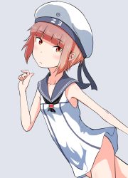  10s 1girl brown_eyes brown_hair clothes_writing collarbone dress eyebrows hat highres kantai_collection looking_at_viewer maple_takoyaki sailor_collar sailor_dress sailor_hat short_hair simple_background solo z3_max_schultz_(kancolle)  rating:Sensitive score:3 user:TwintailTickler