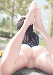1girl ahoge ass ass_focus bae.c black_hair blue_archive blue_dress blurry blurry_background commentary_request crotch_seam day depth_of_field dress feet feet_up female_focus from_behind halo heart heart_print highres leaf long_hair long_sleeves lying miyu_(blue_archive) no_shoes on_stomach outdoors panties panties_under_pantyhose pantyhose print_panties sailor_dress solo the_pose thighband_pantyhose toes underwear upskirt white_panties white_pantyhose rating:Questionable score:263 user:danbooru