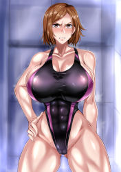  1girl abs alternate_breast_size angry bare_arms bare_legs bare_shoulders bodysuit breasts cameltoe competition_swimsuit curvy embarrassed highleg highleg_swimsuit highres huge_breasts jujutsu_kaisen kugisaki_nobara large_breasts lips looking_at_viewer muscular muscular_arms muscular_female muscular_legs one-piece_swimsuit puripuri_jet pussy_juice pussy_juice_drip_through_clothes shiny_skin short_hair standing sweat swimsuit wide_hips  rating:Explicit score:55 user:Die_Sadistin