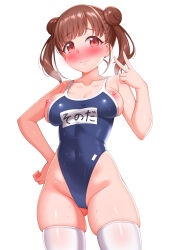  1girl absurdres blush brown_hair closed_mouth collarbone commentary_request covered_navel double_bun hair_bun highleg highleg_swimsuit highres idolmaster idolmaster_shiny_colors looking_at_viewer nipples old_school_swimsuit one-piece_swimsuit school_swimsuit short_hair simple_background smile solo sonoda_chiyoko standing sweat swimsuit thighhighs thighs twitter_username wet wet_clothes wet_swimsuit white_background white_thighhighs zirba  rating:Questionable score:17 user:danbooru
