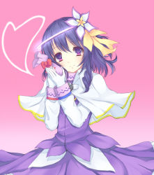  1girl bag blue_eyes blue_hair capelet closed_mouth commentary_request dress flower gloves gradient_background hair_flower hair_ornament heart holding lely light_smile long_sleeves looking_at_viewer medium_dress original pink_background purple_background purple_dress short_hair solo standing sugar_satellite touhou upper_body white_capelet white_gloves 