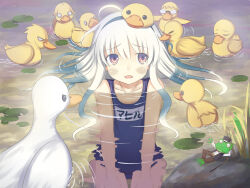  1girl barefoot bird brown_hair commentary_request duck duplicate frog hairband highres kawano_masatoshi long_hair one-piece_swimsuit original partially_submerged pixel-perfect_duplicate pun school_swimsuit solo swimsuit water white_hair 