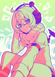  1girl abyssal_ship bare_shoulders blue_eyes closed_mouth crossed_bangs glasses green_background hair_between_eyes hair_scarf headphones highres kantai_collection limited_palette long_hair long_sleeves looking_at_viewer porupurucha shorts simple_background sitting socks solo striped_clothes striped_socks supply_depot_princess 