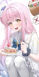  1girl :d absurdres blue_archive blunt_bangs cake capelet commentary_request dress felicia8 flower flying_sweatdrops food food_on_face fork frilled_dress frills hair_bun hair_flower hair_ornament hair_scrunchie halo highres holding holding_fork holding_plate long_hair looking_at_viewer mika_(blue_archive) open_mouth pantyhose pink_hair plate school_uniform scrunchie sidelocks simple_background single_side_bun smile solo spoken_x squatting strawberry_shortcake sweatdrop swiss_roll white_background white_capelet white_dress white_pantyhose wrist_scrunchie yellow_eyes 