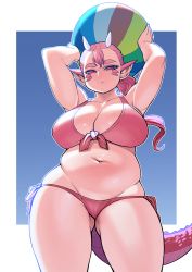 1girl arms_up bad_id bad_tumblr_id ball beachball belly bikini breasts cleavage collarbone dragon_girl dragon_horns dragon_tail elf-san_wa_yaserarenai. gonda_(elf-san_wa_yaserarenai.) highres horns large_breasts long_hair navel pink_hair plump pointy_ears ponytail red_bikini red_eyes shortstack side-tie_bikini_bottom solo swimsuit synecdoche tail thick_arms thick_eyebrows thick_thighs thighs rating:Sensitive score:96 user:danbooru