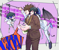  2boys angel_wings arm_belt belt belt_buckle black_hair black_scarf black_wings blue_hair border bow bowtie brown_bow brown_bowtie brown_hair brown_pants brown_sleeves brown_suit buckle character_doll checkered_clothes checkered_scarf clenched_teeth coattails collared_jacket collared_shirt colored_tips commentary_request cowboy_shot danganronpa_(series) danganronpa_v3:_killing_harmony demon_wings fake_antennae fake_halo fingernails flying formal full_body glasses gokuhara_gonta grey_border hairband halo hand_on_another&#039;s_shoulder holding holding_pitchfork jacket layered_sleeves long_hair looking_at_object male_focus me_(lililico) messy_hair multicolored_hair multiple_belts multiple_boys nail_polish oma_kokichi open_belt open_mouth outside_border outstretched_hand pants partial_commentary pitchfork pocket polka_dot polka_dot_background purple_background purple_eyes purple_footwear purple_hairband purple_nails red_eyes round_eyewear scarf shirt shoes simple_background smile speech_bubble suit teeth thigh_belt thigh_strap two-tone_scarf upper_teeth_only white_belt white_jacket white_pants white_scarf white_shirt white_sleeves white_wings wings 