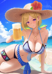  1girl aki_rosenthal alcohol alternate_costume bare_shoulders beach beer beer_mug bikini blonde_hair blue_sky blush breasts cleavage cloud collarbone commentary cup day detached_hair flower halterneck haro_art hat highres holding holding_cup hololive jewelry large_breasts looking_at_viewer low_twintails lying mug navel necklace ocean on_side outdoors parted_bangs purple_eyes red_flower sand short_hair sky smile solo straw_hat sun_hat swimsuit thighs twintails upper_body virtual_youtuber water 