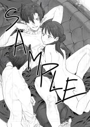  1girl 2boys arm_behind_head arm_up ass blush collarbone completely_nude couch demon_boy demon_horns eyelashes greyscale hair_between_eyes hair_bun hatching_(texture) highres horns long_hair looking_at_another lying monochrome multiple_boys nude on_back original parted_lips pointy_ears sample_watermark smile standing survival_yaiba sweat teeth testicles veins watermark wide-eyed 