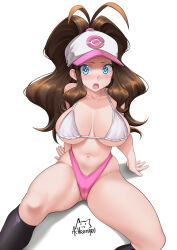  1girl achromaru alternate_breast_size antenna_hair arm_support baseball_cap big_hair bikini blue_eyes blush breasts breasts_apart brown_hair collarbone creatures_(company) embarrassed from_above game_freak hat highleg highleg_bikini highres hilda_(pokemon) large_breasts leaning_back long_hair looking_at_viewer navel nintendo nose_blush open_mouth pokemon pokemon_bw sitting solo spread_legs stomach swimsuit  rating:Questionable score:13 user:danbooru