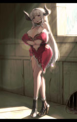 10s 1girl alicia_(granblue_fantasy) alternate_breast_size arms_behind_back bare_shoulders blush breasts cleavage curvy draph full_body gigantic_breasts granblue_fantasy highres horns huge_breasts legs libre long_hair looking_at_viewer mature_female open_mouth pointy_ears red_eyes silver_hair solo standing sunlight thighs underboob wide_hips rating:Sensitive score:116 user:danbooru