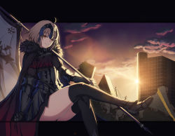  1girl armor armored_dress banner black_dress black_thighhighs crossed_legs dress fate/grand_order fate_(series) faulds gauntlets grin hair_between_eyes headpiece highres holding jeanne_d&#039;arc_(fate) jeanne_d&#039;arc_alter_(avenger)_(fate) jeanne_d&#039;arc_alter_(fate) looking_at_viewer monon red_eyes short_hair silver_hair sitting smile solo thighhighs  rating:Sensitive score:6 user:danbooru