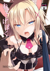 1boy 1girl 2018 animal_ears black_bra black_skirt black_thighhighs blonde_catgirl_(ohta_yuichi) blonde_hair blue_eyes blue_neckwear bra breasts cat_ears cat_tail cleavage curtains detached_sleeves doujinshi_cover extended_hand fang foreshortening hair_between_eyes hand_on_own_hip hand_up highres indoors long_hair long_sleeves looking_at_viewer medium_breasts necktie necktie_grab neckwear_grab neko_to_geboku ohta_yuichi open_mouth original pov pov_hands pulling r-18 skirt slit_pupils solo_focus standing strap tail thighhighs underbust underwear 