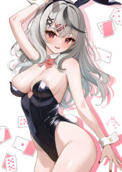  1girl absurdres animal_ears bow bowtie breasts card detached_collar grey_hair hair_ornament hairclip highres hololive large_breasts leotard long_hair playboy_bunny playing_card rabbit_ears rabbit_tail red_bow red_bowtie red_eyes red_nails sakamata_chloe snow-yuuki strapless strapless_leotard tail virtual_youtuber wrist_cuffs 