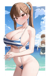  1boy 2girls absurdres bexercube blue_scrunchie blue_sky breasts brown_eyes brown_hair closed_mouth cloud collarbone commentary_request day glasses hair_ornament hair_scrunchie highres kotobuki_hisako large_breasts long_hair looking_at_viewer michinoko_komaro mizunoe_ume multiple_girls navel ocean one-piece_swimsuit outdoors scrunchie seitokai_nimo_anawa_aru! sky striped_clothes striped_one-piece_swimsuit swimsuit thighs wet 