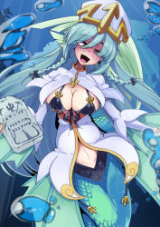  1girl :d air_bubble braid breasts brown_eyes bubble bursting_breasts cleavage fins green_hair hat head_tilt highres holding large_breasts long_hair mermaid monster_girl monster_girl_encyclopedia open_mouth scales sea_bishop smile solo stone_tablet tongue twin_braids tyomoti underwater very_long_hair 