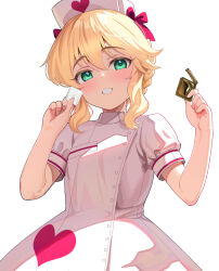  1girl blonde_hair bow braid commentary_request condom condom_wrapper dress green_eyes hair_between_eyes hands_up hat heart highres holding holding_condom idolmaster idolmaster_cinderella_girls looking_at_viewer nurse nurse_cap pettan_p puffy_short_sleeves puffy_sleeves red_bow sakurai_momoka short_sleeves sidelocks simple_background smile solo thick_eyebrows white_background white_dress white_hat 