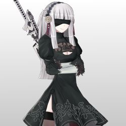  1girl 2b_(nier:automata) 2b_(nier:automata)_(cosplay) absurdres alternate_costume alternate_hair_color back_cutout black_dress black_gloves black_theme black_thighhighs blindfold breasts cleavage cleavage_cutout closed_mouth clothing_cutout cosplay covered_eyes cowboy_shot crossed_arms cryopon dress facing_viewer feather-trimmed_sleeves female_focus fire_emblem fire_emblem_fates gloves hair_ornament highres huge_filesize juliet_sleeves katana lips long_hair long_sleeves nier:automata nier_(series) nintendo puffy_sleeves rhajat_(fire_emblem) ribbed_dress silver_hair simple_background smile smirk solo standing sword thighhighs upper_body weapon white_background  rating:Sensitive score:7 user:Corivas