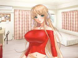  1girl bare_shoulders bed blonde_hair blush breasts chair collar curtains earrings green_eyes hair_ornament huge_breasts jewelry long_hair looking_at_viewer navel room sano_toshihide solo standing table  rating:Sensitive score:58 user:Ynyswydryn