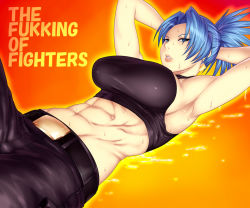 1girl abs armpits arms_behind_head arms_up bare_shoulders blue_eyes blue_hair breasts crop_top earrings english_text engrish_text exercising impossible_clothes jewelry large_breasts leona_heidern lips long_hair looking_at_viewer lying matching_hair/eyes midriff muscular muscular_female navel on_back pants ponytail profanity ranguage sawao snk solo sweat the_king_of_fighters rating:Questionable score:81 user:thebatman