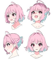  1girl ahoge alternate_eye_color alternate_hairstyle closed_mouth collarbone commentary crying crying_with_eyes_open double_bun expressions hair_bun hair_intakes highres idolmaster idolmaster_cinderella_girls looking_at_viewer looking_to_the_side multicolored_hair multiple_views open_mouth pink_hair portrait profile purple_eyes short_hair simple_background smug sukoyaka_(100hituzi) tearing_up tears two-tone_hair v-shaped_eyebrows white_background yumemi_riamu 