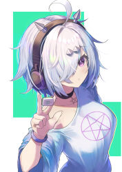  1girl ahoge between_fingers black_choker blue_shirt breasts choker closed_mouth collarbone commentary cross-shaped_pupils fingernails from_above green_background grey_hair hair_ornament hair_over_one_eye hairclip hand_up headphones highres holding holding_mahjong_tile looking_at_viewer mahjong mahjong_soul mahjong_tile medium_breasts miimu_(nelreg3) off_shoulder official_alternate_costume oversized_clothes oversized_shirt pentagram purple_eyes shirt short_hair short_sleeves sidelocks solo suzumiya_anju symbol-shaped_pupils upper_body white_background wide_sleeves wristband 
