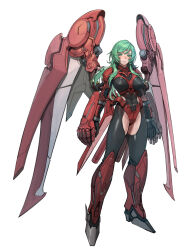 1girl absurdres armor armored_boots arms_at_sides black_bodysuit blush bodysuit boots breasts closed_mouth clothing_cutout commentary covered_navel exoskeleton full_body green_eyes green_hair highres korean_commentary ksb_(qwop03) large_breasts long_hair looking_at_viewer mechanical_wings original red_armor simple_background solo thigh_cutout white_background wings 