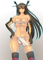  10s 1girl black_hair bonten_karasu breasts breasts_squeezed_together budget_sarashi cleavage collarbone fundoshi gauntlets hair_ornament hand_on_own_hip highres japanese_clothes kantai_collection large_breasts loincloth long_hair nagato_(kancolle) navel red_eyes sarashi solo striped_clothes striped_thighhighs thighhighs very_long_hair 