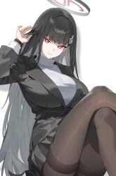  1girl black_hair black_jacket black_skirt black_suit blue_archive blunt_bangs breasts bright_pupils brown_pantyhose closed_mouth commentary crossed_legs feet_out_of_frame formal hair_ornament hairclip halo hand_up highres jacket large_breasts long_hair long_sleeves looking_at_viewer nnxx3333 open_hand pantyhose pleated_skirt red_eyes rio_(blue_archive) sitting skirt solo suit sweater thighband_pantyhose turtleneck turtleneck_sweater very_long_hair watch white_background white_sweater wristwatch 