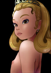  1girl black_background blonde_hair closed_mouth completely_nude disney earrings expressionless female_focus flat_chest forehead from_side gem highres jewelry lips loli looking_at_viewer medium_hair nipples nude oira_wa_arumajiro princess_amber red_gemstone sidelocks simple_background sofia_the_first solo tiara upper_body yellow_eyes 