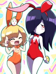  2girls ^_^ ahoge ameonna_(youkai_watch) animal_ears blonde_hair blush_stickers bow bowtie closed_eyes egg fake_animal_ears frown hair_over_one_eye hareonna leotard long_hair mother_and_daughter multiple_girls nollety open_mouth orange_leotard playboy_bunny purple_hair rabbit_ears red_eyes red_leotard short_hair strapless strapless_leotard wrist_cuffs youkai_(youkai_watch) youkai_watch youkai_watch_4 