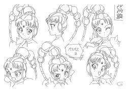 1990s_(style) 1girl absurdres amazoness_quartet ass bishoujo_senshi_sailor_moon bishoujo_senshi_sailor_moon_supers braid breasts character_sheet cleavage earrings hair_ornament high_ponytail highres jewelry long_hair looking_at_viewer medium_breasts monochrome multiple_views official_art one_eye_closed retro_artstyle revealing_clothes scan shoulder_pads single_braid solo toei_animation tongue tongue_out translation_request upper_body very_long_hair vesves_(sailor_moon) wink