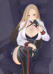  1girl bad_id bad_pixiv_id black_gloves black_thighhighs blonde_hair blue_eyes blush breasts cleavage closers collar crossed_legs gloves harpy_(closers) large_breasts long_hair looking_at_viewer shukk777 sitting solo string string_of_fate thighhighs 