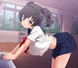  1girl :o aged_up akagi_miria bare_legs black_hair blue_skirt blush breasts brown_eyes chair classroom commentary_request cropped_shirt desk idolmaster idolmaster_cinderella_girls indoors large_breasts leaning_forward looking_at_viewer midriff neckerchief oppai_loli pleated_skirt red_neckerchief school_chair school_desk school_uniform serafuku shift_(waage) shirt short_sleeves sideways_glance skirt solo thighs two_side_up white_shirt 