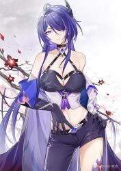  1girl acheron_(honkai:_star_rail) armpit_crease asymmetrical_pants bandaged_arm bandages bare_shoulders belt black_belt black_choker black_gloves black_pants branch breasts chinese_commentary choker cleavage coat commentary_request cowboy_shot criss-cross_halter detached_sleeves diamond-shaped_pupils diamond_(shape) flower gloves hair_ornament hair_over_one_eye halterneck hand_on_own_hip highres honkai:_star_rail honkai_(series) large_breasts leg_tattoo long_hair looking_at_viewer midriff multicolored_hair navel pants parted_lips purple_eyes purple_hair red_flower red_petals single_detached_sleeve solo streaked_hair super_laoji symbol-shaped_pupils tattoo very_long_hair white_background white_coat 