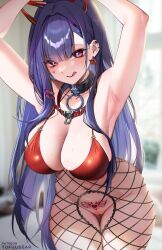 1girl :q akuma_nihmune armpits arms_up belt_collar bikini bikini_top_only blurry blurry_background blush breasts choker cleavage cleft_of_venus collar commentary demon_girl demon_horns ear_piercing earrings facial_mark facial_tattoo fake_horns fishnet_pantyhose fishnets gluteal_fold heart heart_facial_mark heart_tattoo highres horns indie_virtual_youtuber jewelry lace_trim large_breasts long_hair looking_at_viewer mole navel panties pantyhose patreon_username piercing purple_hair pussy red_bikini red_eyes solo swimsuit tattoo thigh_gap thighs tofuubear tongue tongue_out uncensored underwear very_long_hair virtual_youtuber wet  rating:Explicit score:108 user:danbooru
