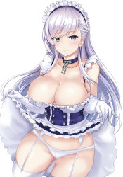 1girl apron azur_lane belfast_(azur_lane) blue_eyes blush braid breasts chain cleavage clothes_lift collarbone corset dress dress_lift french_braid frilled_apron frilled_gloves frills garter_straps gloves highres jirusu large_breasts long_hair looking_at_viewer maid maid_apron maid_headdress panties silver_hair simple_background smile solo thighhighs underwear white_apron white_background white_gloves white_panties white_thighhighs rating:Questionable score:38 user:danbooru