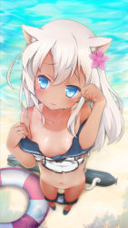 10s 1girl animal_ears beach blue_eyes blurry blush breasts cat_ears cat_tail chiyami day depth_of_field flower foreshortening from_above hair_flower hair_ornament highres kantai_collection kemonomimi_mode lifebuoy loli long_hair looking_away one-piece_tan paw_pose ro-500_(kancolle) school_swimsuit silver_hair small_breasts solo swim_ring swimsuit tail tan tanline torpedo rating:Questionable score:118 user:danbooru