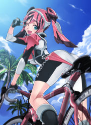  1girl bike_shorts blue_eyes day highres matsuryuu one_eye_closed sky solo  rating:Sensitive score:17 user:danbooru
