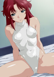  1girl aji_n bed blue_eyes breasts commentary_request covered_erect_nipples covered_navel dutch_angle flay_allster gundam gundam_seed hair_intakes heattech_leotard highres leotard long_hair medium_breasts red_hair sleeveless sleeveless_turtleneck solo spread_legs turtleneck white_leotard 
