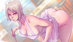 10s 1girl apron artist_name ass breasts butt_crack cleavage curvy covered_erect_nipples female_focus highres kitchen ladle large_breasts leaning_forward looking_at_viewer melkor_mancin naked_apron nakiri_alice orange_eyes parted_lips shokugeki_no_souma short_hair silver_hair solo wide_hips rating:Questionable score:226 user:Demiourgos