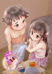  1boy 1girl armpit_peek bar_censor bare_arms bare_shoulders bed bedroom black_eyes black_hair blush book breasts brown_eyes brown_hair bulge censored child_on_child clothed_female_nude_male cup erection erection_under_clothes handjob hetero highres hihiru loli long_hair miniskirt mug nipples nude pectorals penis pillow shota skirt small_breasts standing table testicles towel  rating:Explicit score:63 user:Sermin