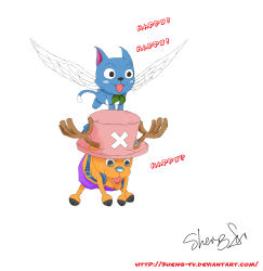  animal antlers backpack bag blue_hair blue_nose cat crossover fairy_tail flying happy happy_(fairy_tail) hat highres horns one_piece randoseru reindeer sheng_fu simple_background tony_tony_chopper white_background wings  rating:Sensitive score:5 user:quinnistheone