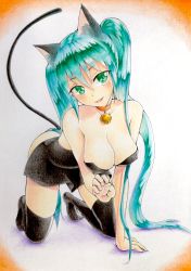  00s 1girl :3 all_fours animal_ears aqua_hair bare_shoulders bell blush breasts cat_ears cat_tail cleavage collar costume fang green_eyes halloween halloween_costume hanging_breasts hatsune_miku highres large_breasts light_blush long_hair looking_at_viewer neck_bell parted_lips solo tail thighhighs traditional_media tsukimizakura twintails vocaloid 