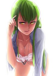 1girl aconitea adjusting_hair bad_id bad_pixiv_id bottomless bra breasts c.c. cleavage code_geass dress_shirt eyelashes geass green_hair jewelry lace lace-trimmed_bra lace_trim large_breasts leaning_forward lingerie long_hair looking_at_viewer necklace no_panties open_clothes open_shirt parted_lips shirt solo thigh_gap underwear white_background yellow_eyes  rating:Sensitive score:96 user:danbooru