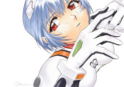 1girl ayanami_rei blue_hair bodysuit from_above gloves head_tilt interface_headset looking_to_the_side neon_genesis_evangelion parted_lips pilot_suit plugsuit portrait red_eyes short_hair signature solo white_bodysuit white_gloves yue_(yung_n_dum_)  rating:Sensitive score:2 user:danbooru