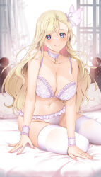  1girl asymmetrical_bangs bare_arms bare_shoulders blonde_hair blush bra breasts bright_pupils butterfly_hair_ornament cleavage closed_mouth collarbone curly_hair curtains day detached_collar dress frilled_bra frilled_panties frilled_wrist_cuffs frills grey_eyes hair_ornament hair_ribbon hataraki_kuma indoors jewelry large_breasts lingerie long_hair looking_at_viewer nail_polish navel on_bed original panties pendant pillow pink_nails print_bra print_panties ribbon short_dress sitting skindentation smile solo swept_bangs thighhighs underwear underwear_only white_pupils white_thighhighs window wrist_cuffs wristband yokozuwari 