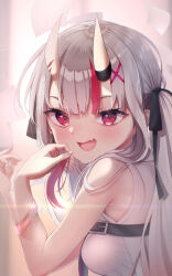  1girl absurdres armpit_crease backlighting bare_shoulders belt black_belt black_ribbon blunt_bangs blush bracelet breasts center-flap_bangs commentary commentary_request demon_girl demon_horns eyelashes fang fingernails from_side glint grey_hair hair_between_eyes hair_ornament hair_over_shoulder hair_ribbon hands_up highres hololive horns jewelry long_hair looking_at_viewer medium_breasts multicolored_hair nakiri_ayame open_mouth paper playing_with_own_hair red_eyes ribbon shirt sidelocks simple_background skin-covered_horns skin_fang sleeveless sleeveless_shirt smile solo straight_hair streaked_hair sunlight terra_bose tsurime twintails upper_body very_long_hair virtual_youtuber white_shirt x_hair_ornament 