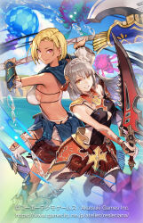  2girls armor asymmetrical_clothes atelier_(series) atelier_resleriana axe back-to-back battle_axe bikini_armor blonde_hair blue_capelet breasts capelet character_request clothing_cutout commentary_request dark-skinned_female dark_skin faulds grey_hair highres holding holding_axe holding_sword holding_weapon huge_weapon hungry_clicker knee_pads long_hair looking_at_viewer medium_breasts multiple_girls official_art orange_eyes pauldrons pink_eyes short_hair shoulder_armor sideboob single_pauldron smile sword underboob_cutout weapon 