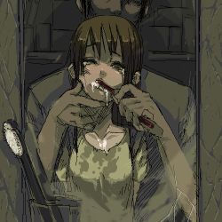  1boy 1girl brown_eyes brown_hair brushing_teeth commentary crack cracked_glass cracked_wall dark-skinned_male dark_skin face forced long_hair lowres mirror oekaki original reflection sexually_suggestive tears toothbrush torn_clothes wet wet_clothes wince ze_(sawakihein) 